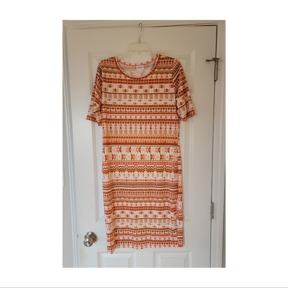 NWOT Lularoe Julia Form Fitting Midi Dress in Peach, Brown & White Print - Picture 1 of 7